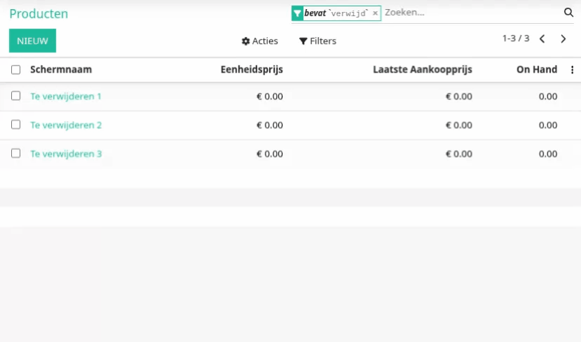 Lijst weergave - Acties - Verwijderen - Delete