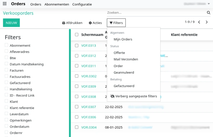 Lijst weergave - filters - voor ingesteld
